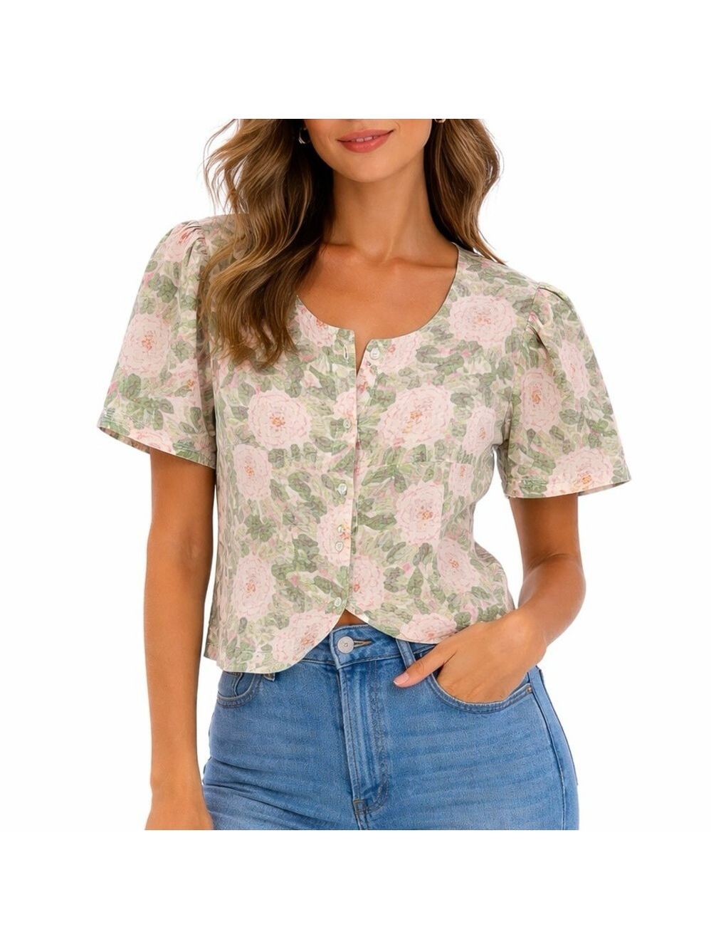 VTG 90s Cottagecore Pink Green Floral Puff Shoulder Button Up Linen Top medium